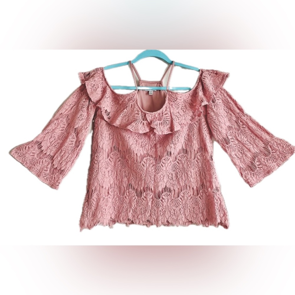 Pink lace women's blouse with ruffle. Elegant, beautiful. Size M
